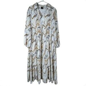 Calstyle Maxi Dress Geometric Gray White Gold Swirl Size XL Balloon Long Sleeve